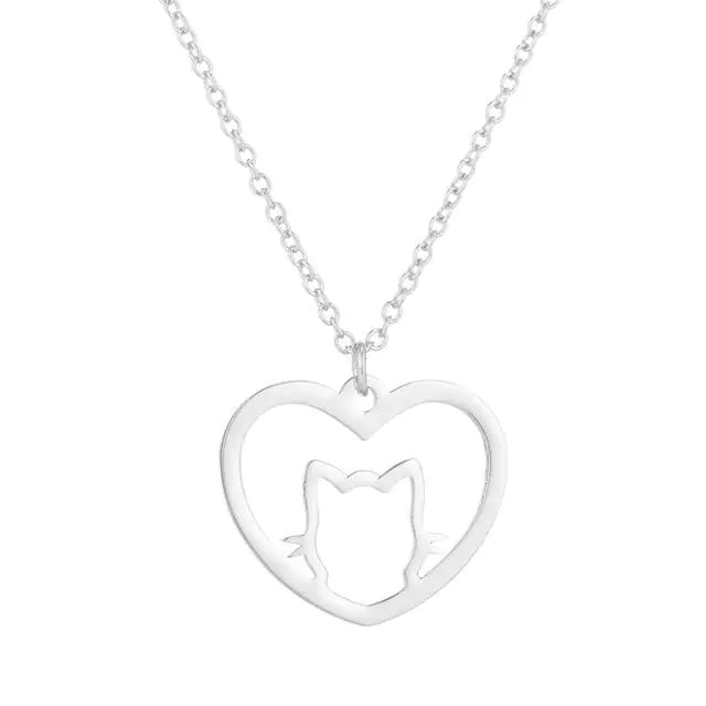 Stainless Steel Cat Heart Pendant Necklace