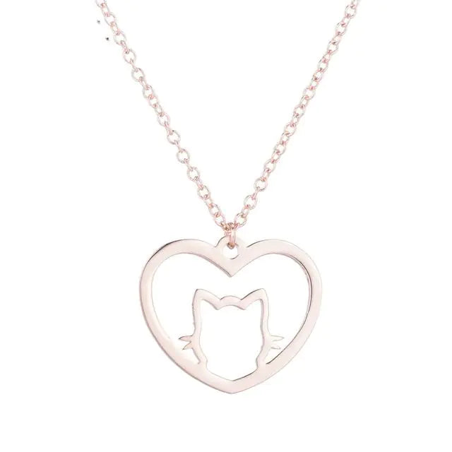 Stainless Steel Cat Heart Pendant Necklace