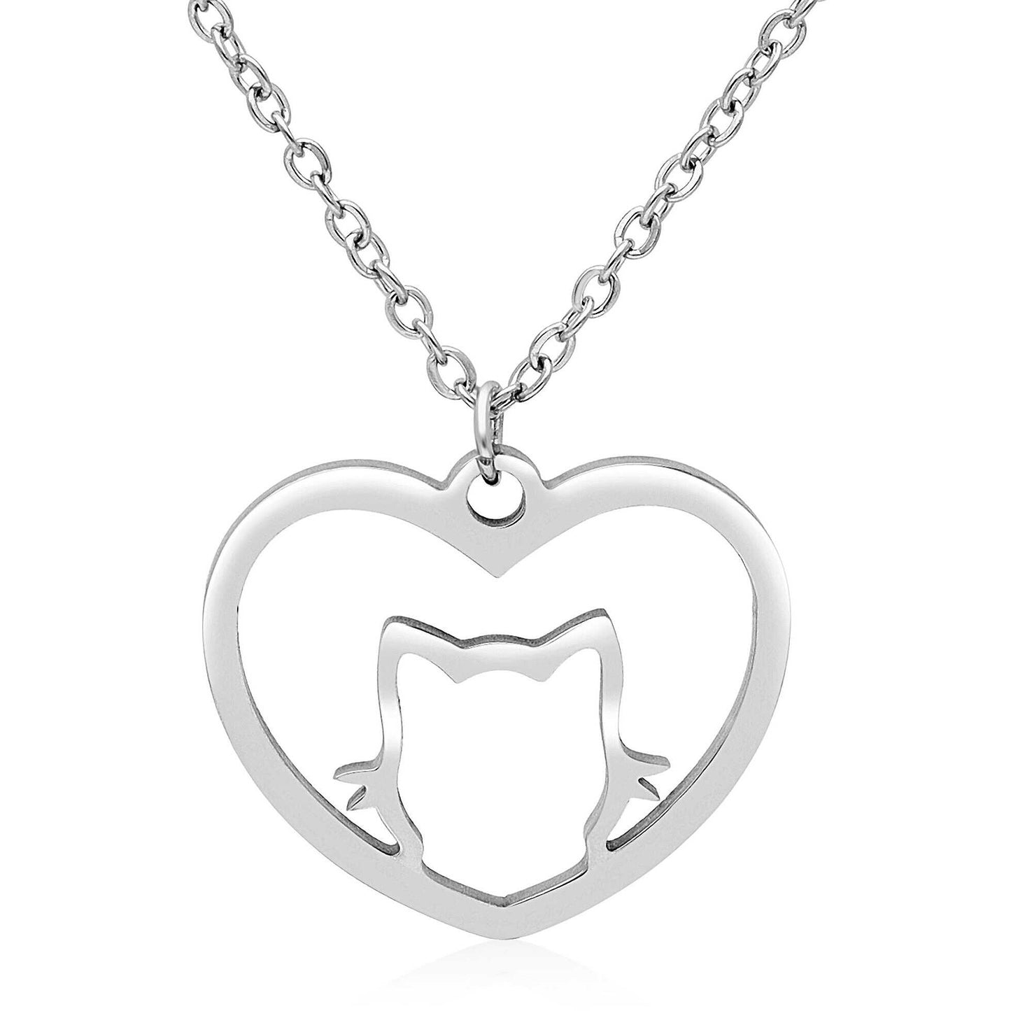 Stainless Steel Cat Heart Pendant Necklace